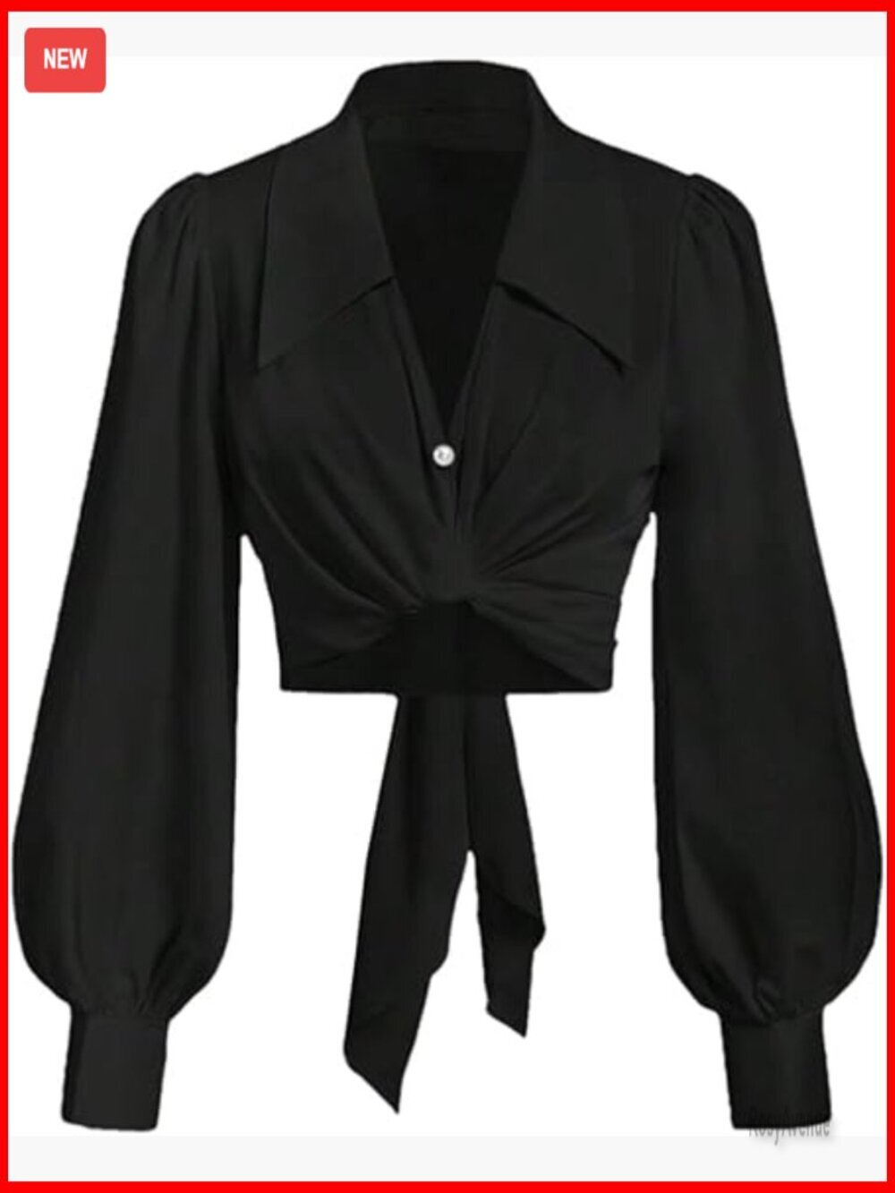 Button Down Collared Crop Top Long Sleeve Self Wrap Blouse
